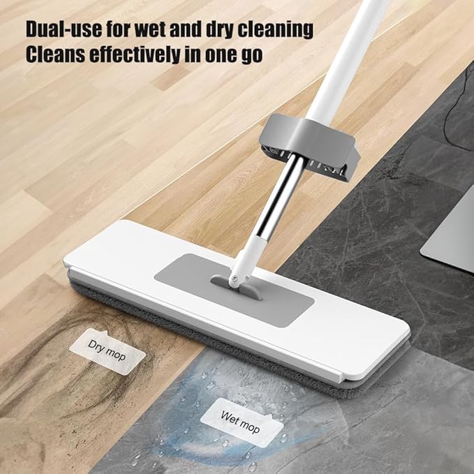 Flat Mop Microfiber Floor Mop Self Wringing, 360° Rotatable, 2 Washable Heads, Hardwood, Laminate, Tile Floor Cleaning