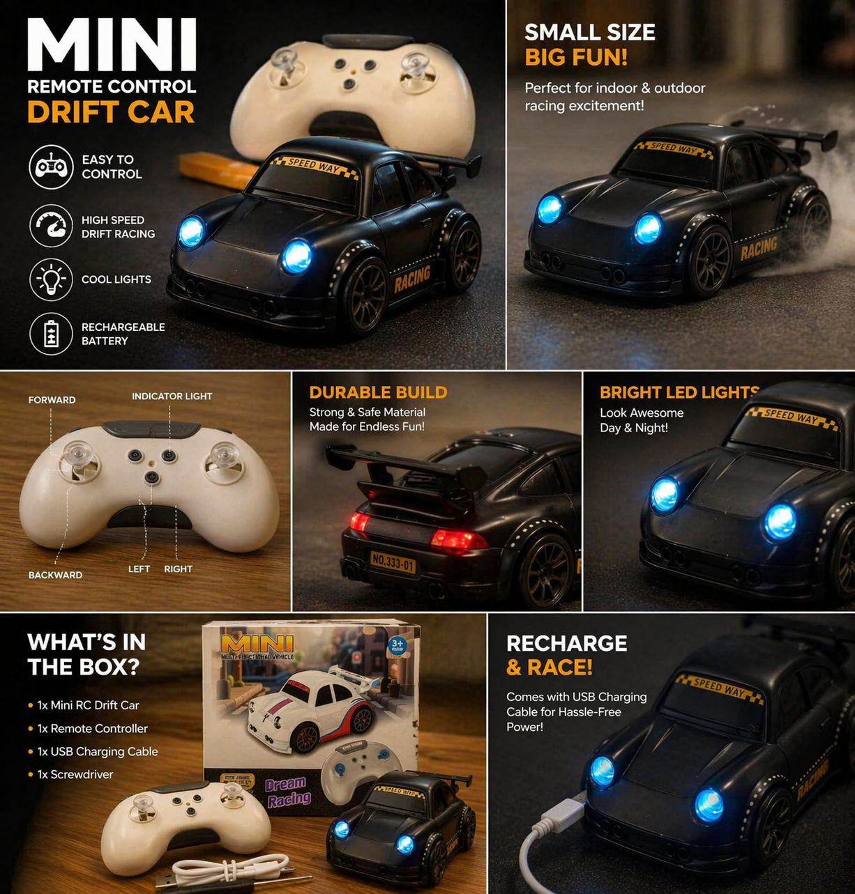 Mini RC Drift Car ๐ | LED Lights + Wireless Remote Control Toy ๐ฎ