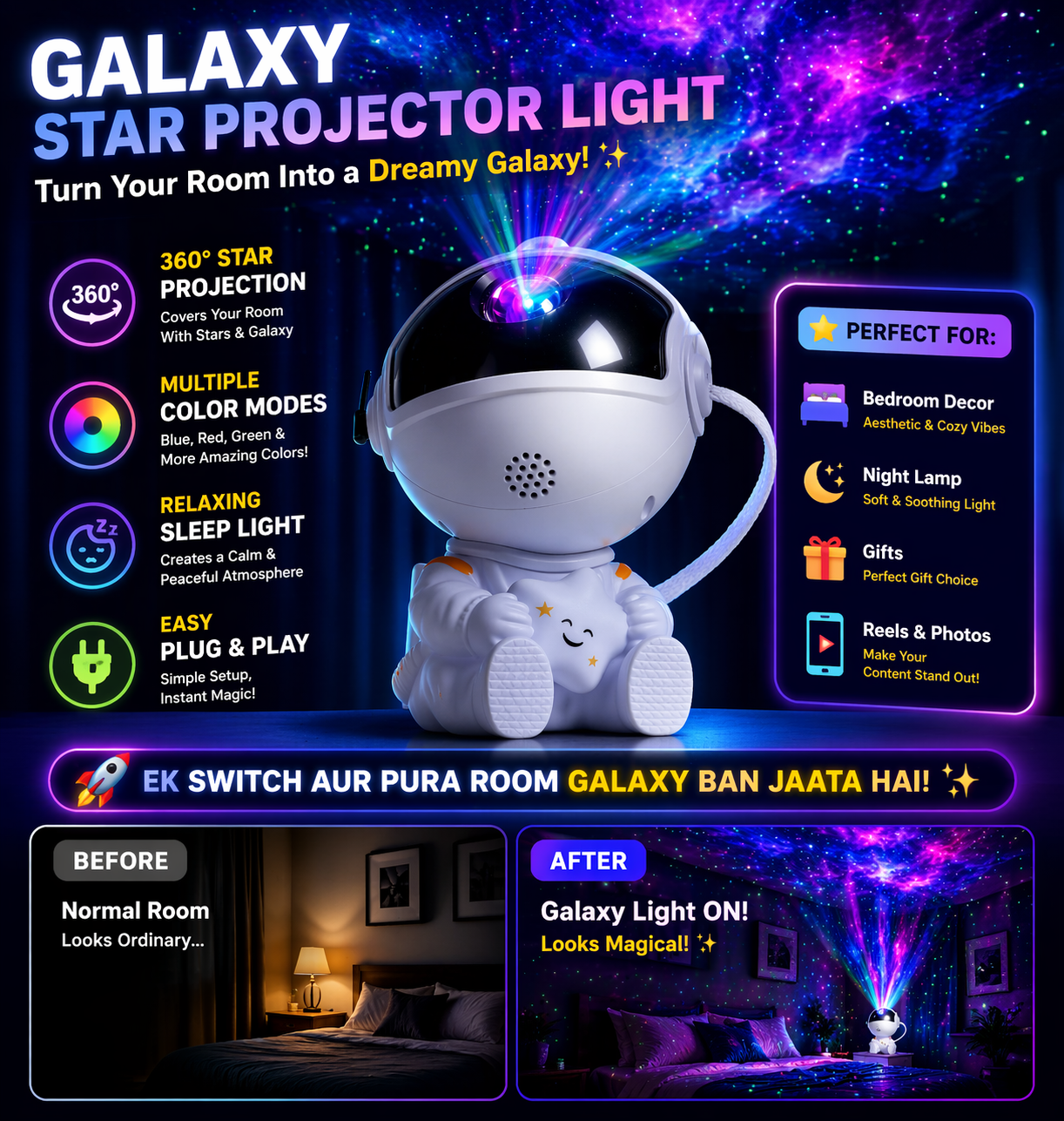 π Galaxy Star Projector Light β 360Β° Night Sky Lamp | Aesthetic Room Decor & Relaxing Ambience πβ¨