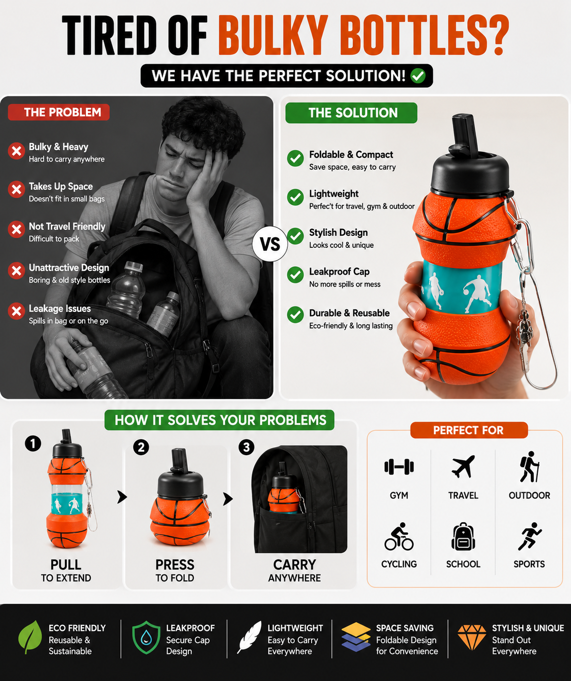 Portable Basketball Water Bottle ππ§ | Portable Leakproof Sports Gym Bottle | Collapsible Travel Sipper