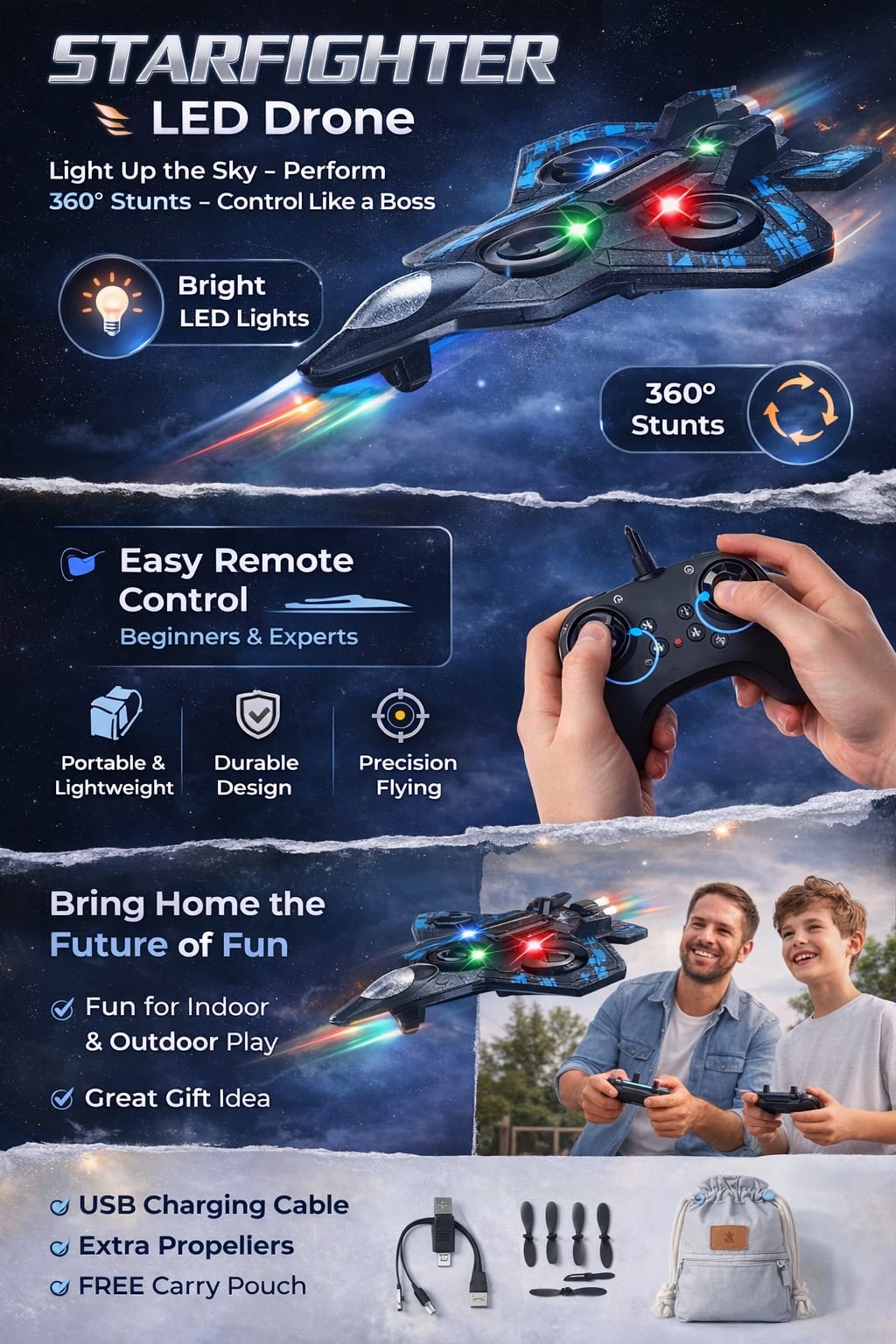 ๐ Starfighter LED Flying Drone โ Remote Control RC Aircraft with Lights & 360ยฐ Stunts