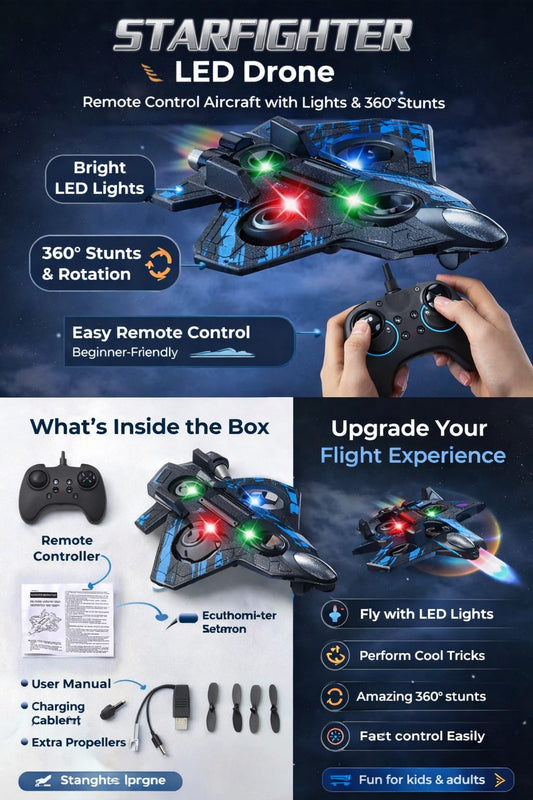 π Starfighter LED Flying Drone β Remote Control RC Aircraft with Lights & 360Β° Stunts