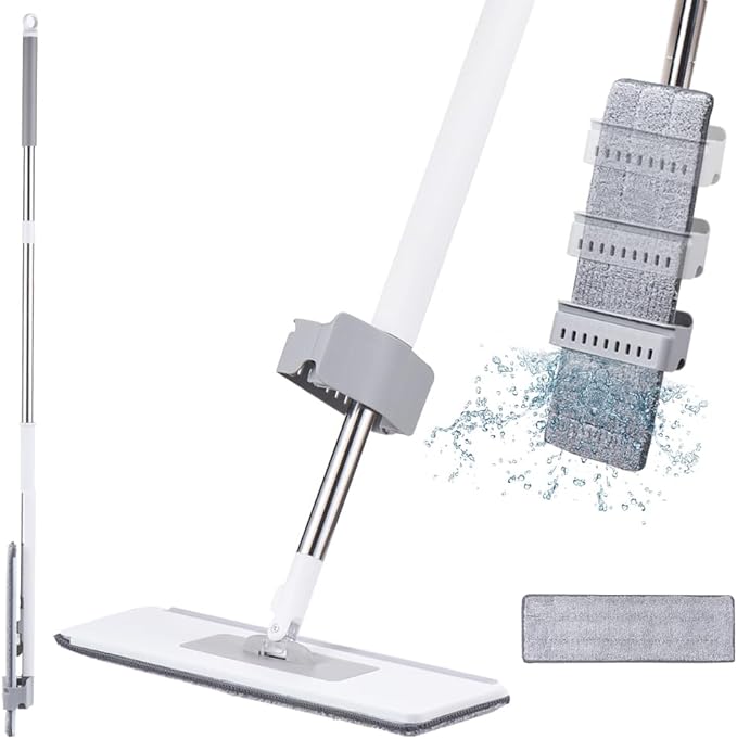 Flat Mop Microfiber Floor Mop Self Wringing, 360° Rotatable, 2 Washable Heads, Hardwood, Laminate, Tile Floor Cleaning