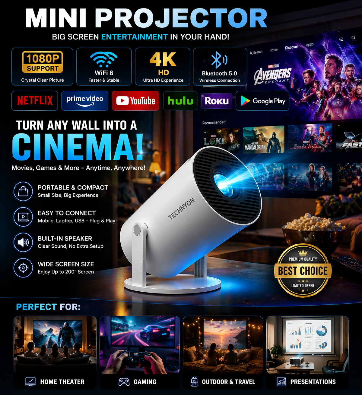 👉 Portable Smart Mini Projector – HD Home Theater | 1080p Support, WiFi & Compact Design 🎬✨