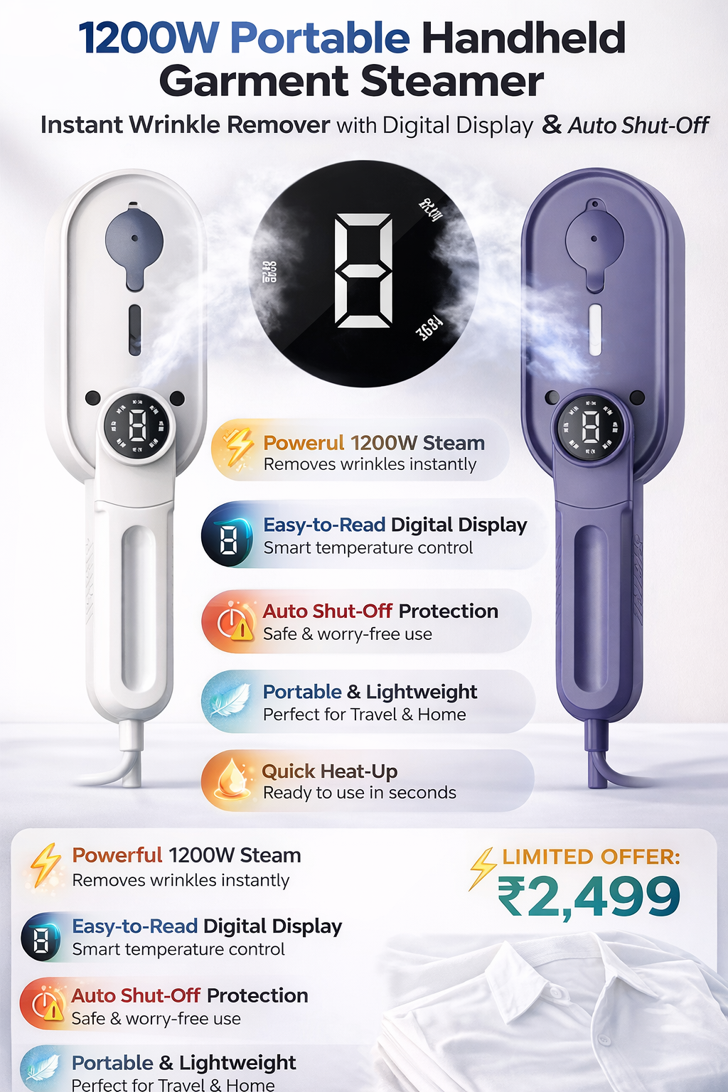 1200W Portable Handheld Garment Steamer 👕✨ | Instant Wrinkle Remover ⚡ with Digital Display 📱 & Auto Shut-Off 🛑