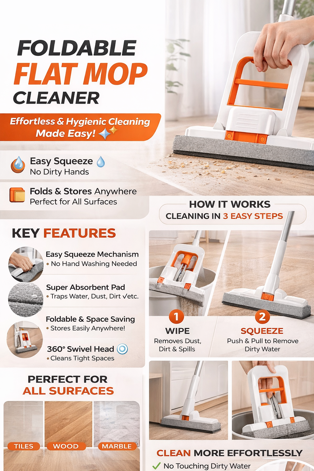 Foldable Flat Mop Cleaner 🧹✨ | Easy Squeeze Floor Cleaning Tool 💧 | Multi-Surface Cleaning Mop 🚿