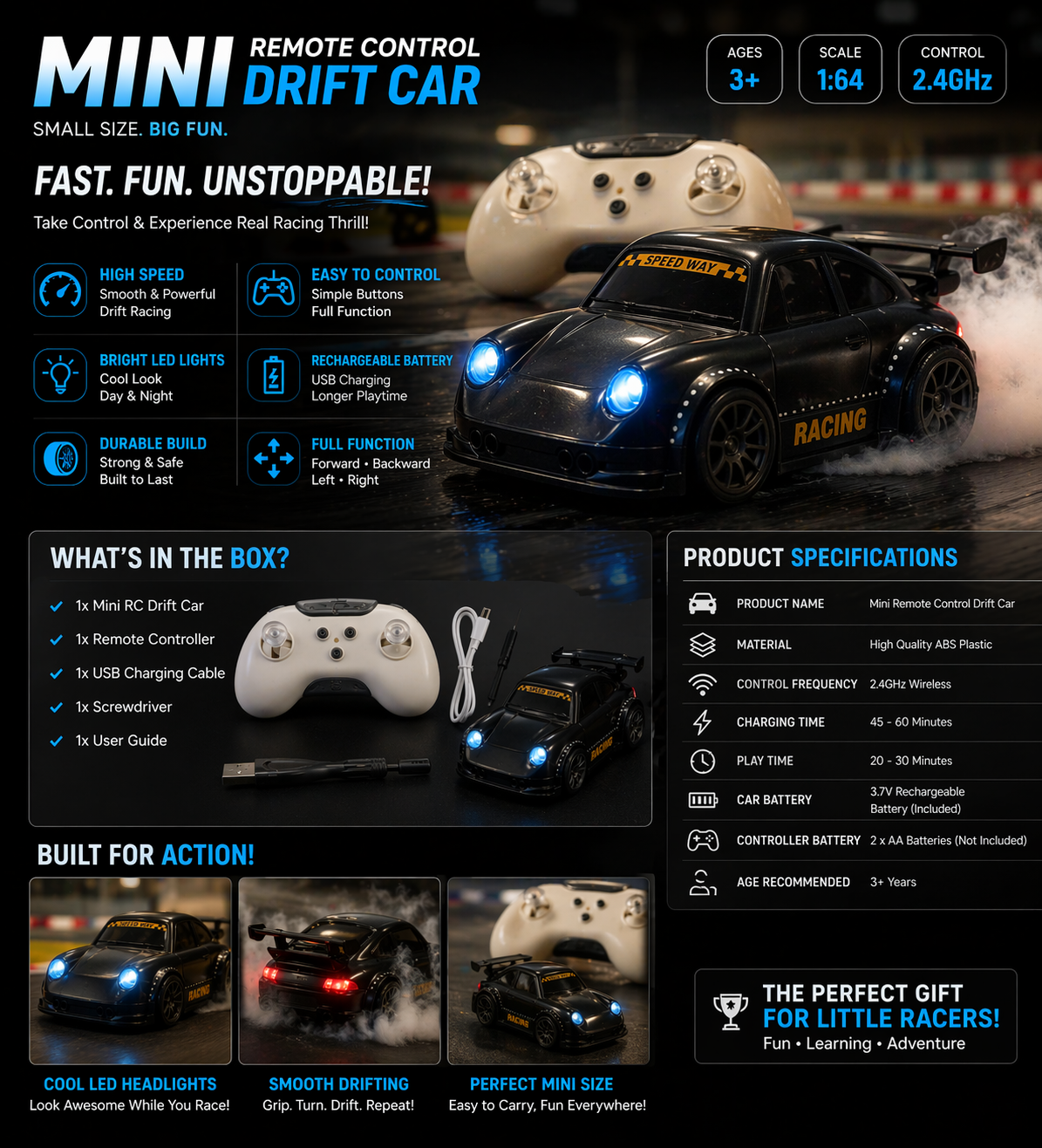 Mini RC Drift Car 🚗 | LED Lights + Wireless Remote Control Toy 🎮