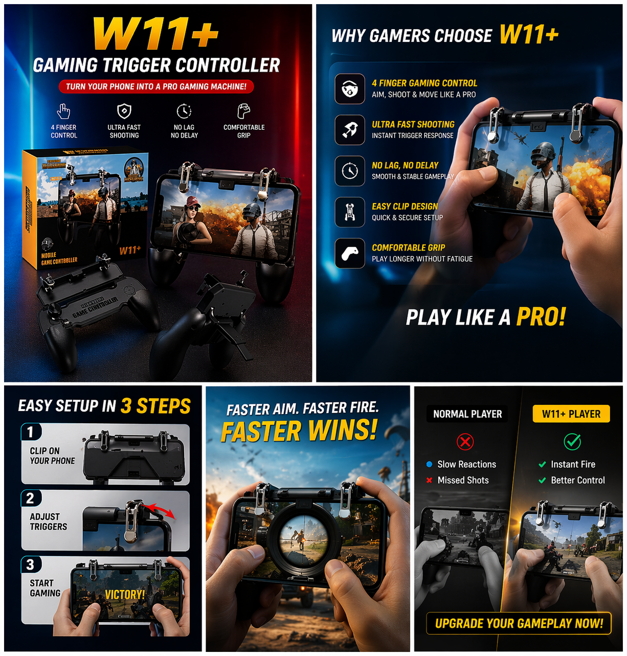 W11+ PUBG Mobile Trigger Game Controller | 4 Finger Grip | Mobile Gaming Handle with L1 R1 Shoot Buttons