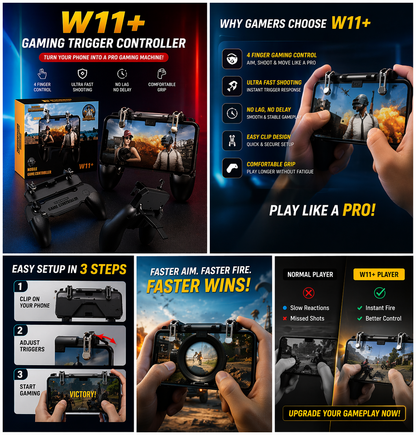 W11+ PUBG Mobile Trigger Game Controller | 4 Finger Grip | Mobile Gaming Handle with L1 R1 Shoot Buttons