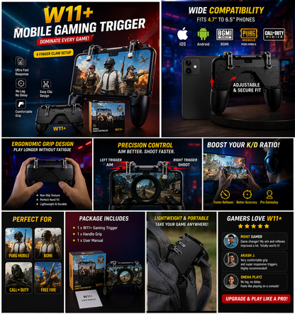 W11+ PUBG Mobile Trigger Game Controller | 4 Finger Grip | Mobile Gaming Handle with L1 R1 Shoot Buttons
