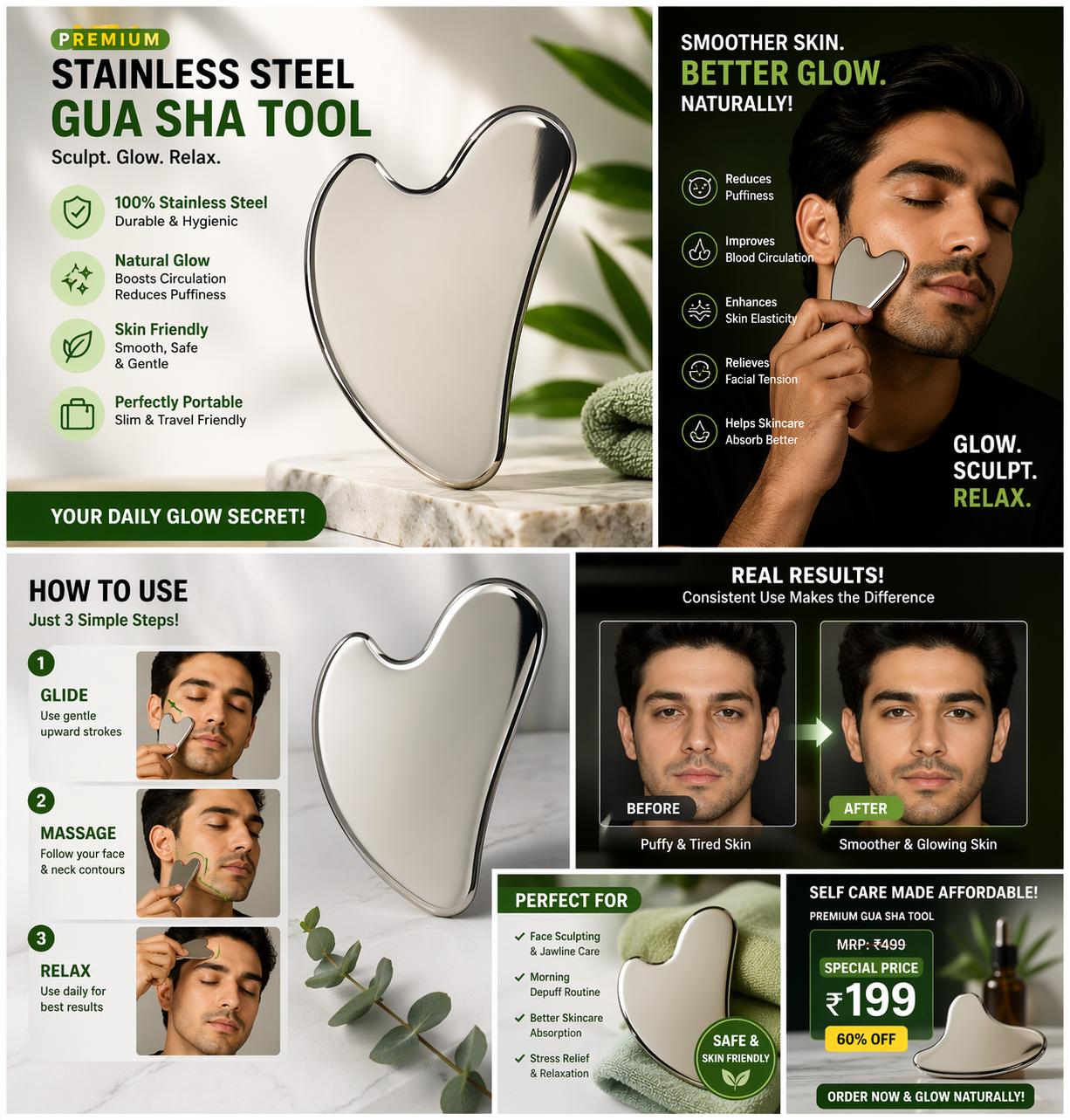 Premium Stainless Steel Gua Sha Tool – Face Sculpting & Skin Glow Massager