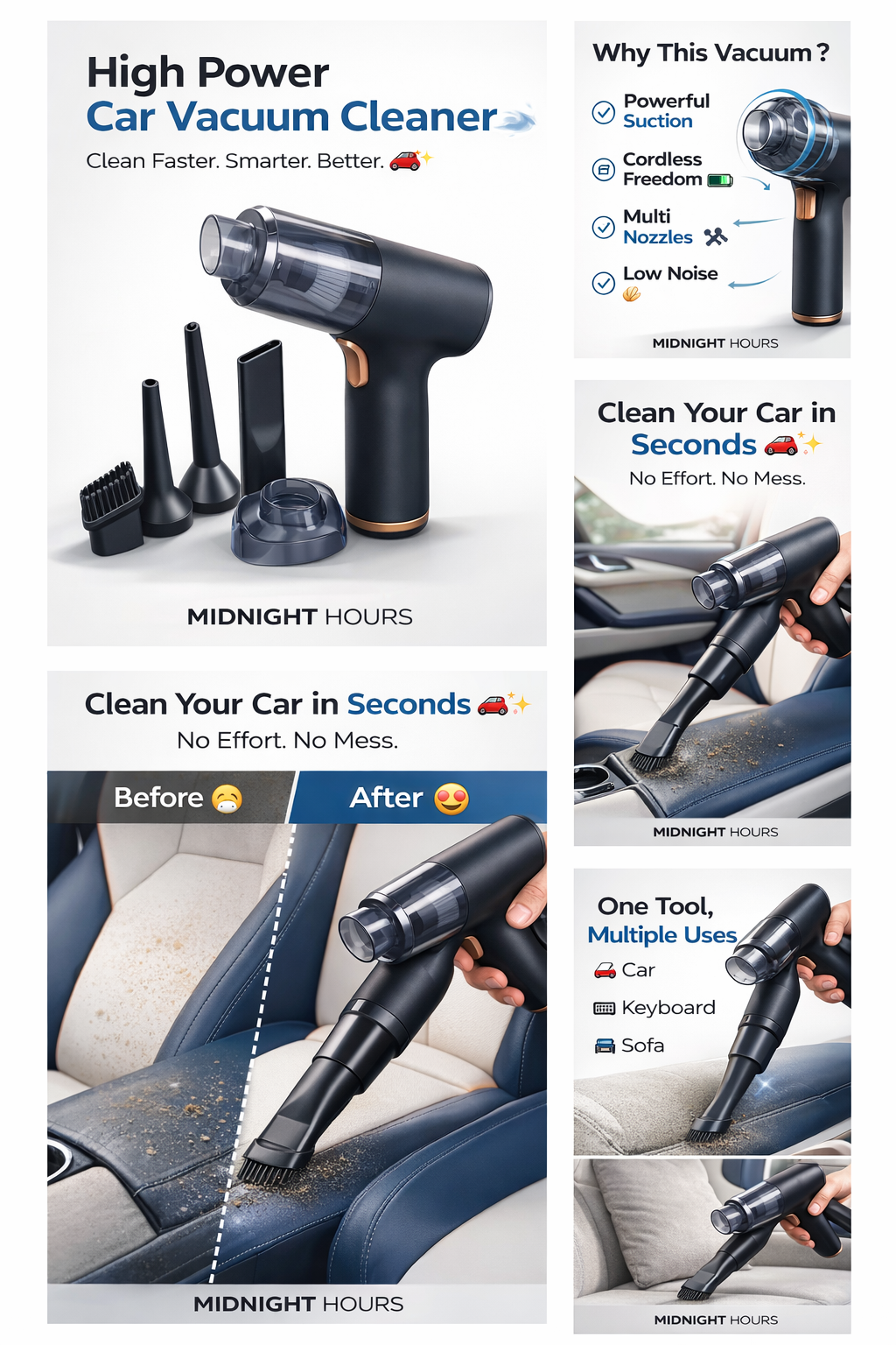 Portable High Power Car Vacuum Cleaner 🚗💨 | Cordless Mini Dust Remover | Multi-Nozzle Cleaning Tool