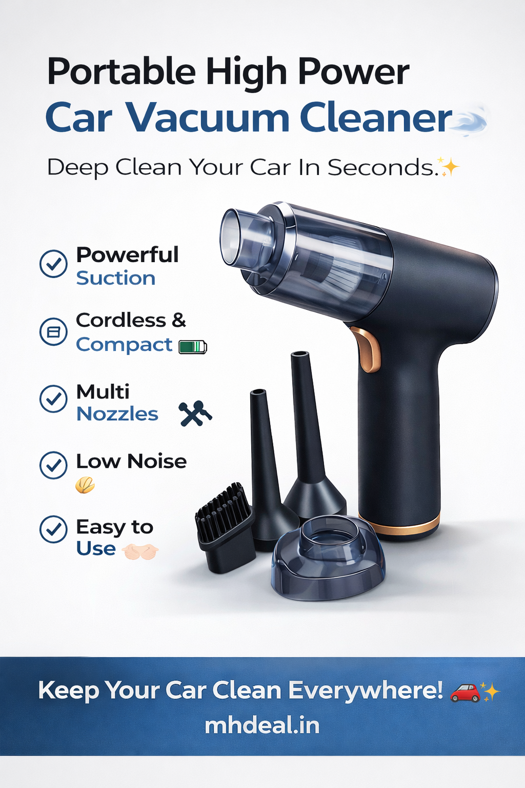 Portable High Power Car Vacuum Cleaner 🚗💨 | Cordless Mini Dust Remover | Multi-Nozzle Cleaning Tool