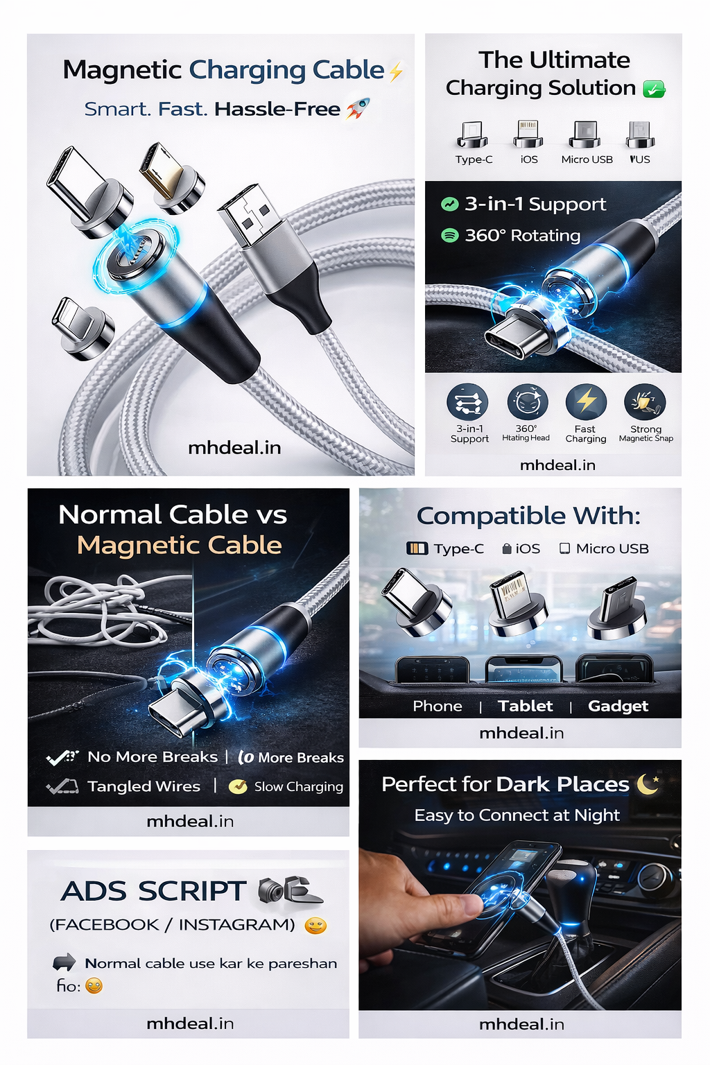 Magnetic Charging Cable ⚡🔌 | 3-in-1 Fast Charging Cable | 360° Rotating Multi Pin Charger