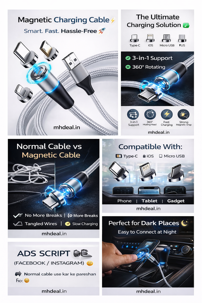 Magnetic Charging Cable ⚡🔌 | 3-in-1 Fast Charging Cable | 360° Rotating Multi Pin Charger