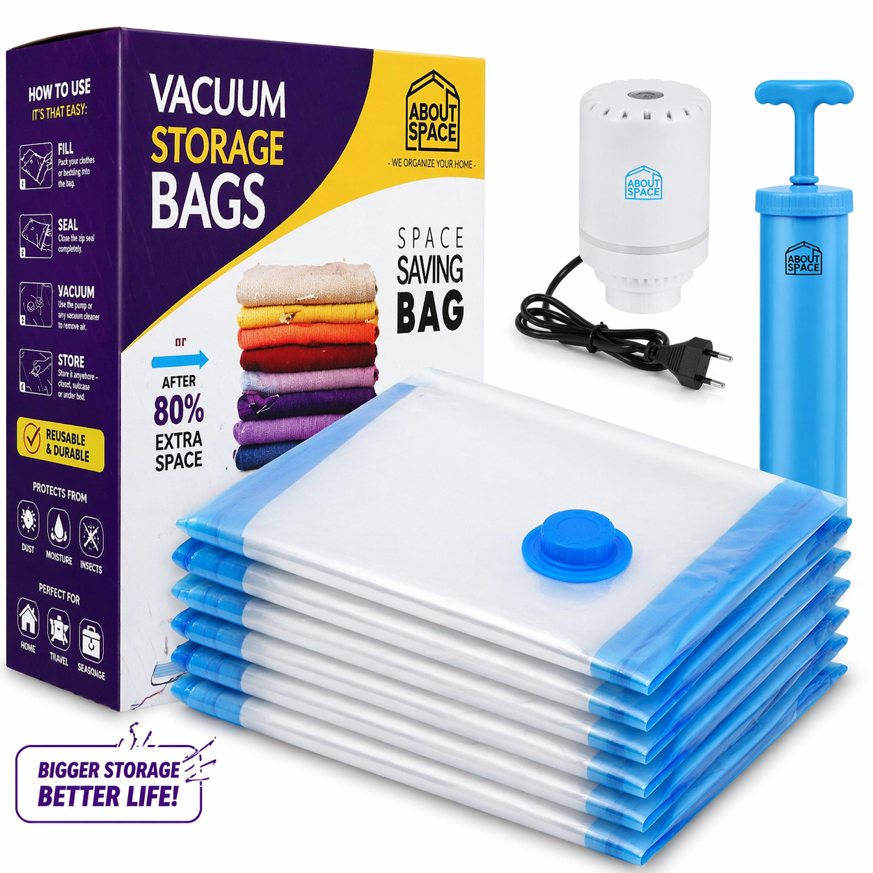 Vacuum Storage Bags Set with Pump – Space Saving Organizer for Clothes 🧳✨