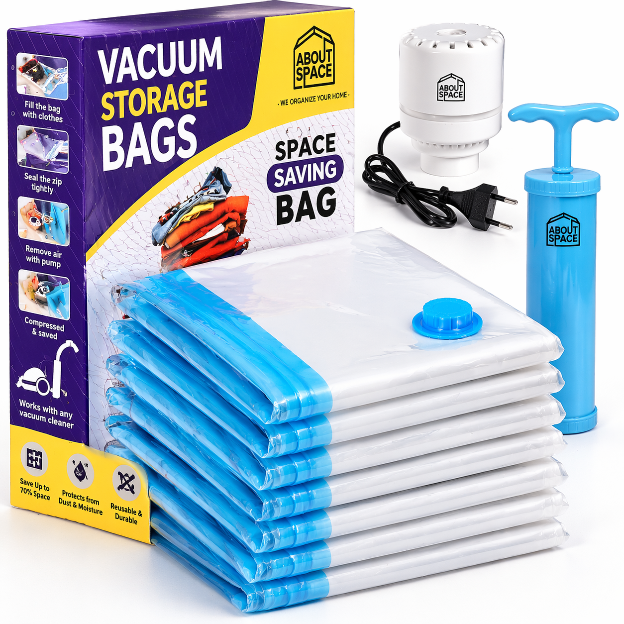 Vacuum Storage Bags Set with Pump – Space Saving Organizer for Clothes 🧳✨
