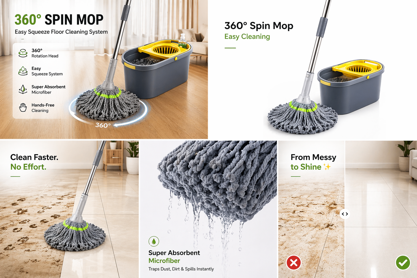 360° Spin Microfiber Mop – Easy Squeeze Floor Cleaning System 🧼✨