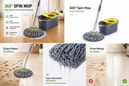 360° Spin Microfiber Mop – Easy Squeeze Floor Cleaning System 🧼✨