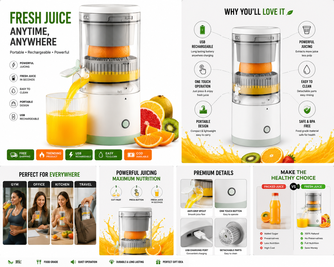 Portable Electric Juicer Blender 🍊⚡ | USB Rechargeable Fresh Juice Maker | Mini Fruit Mixer Bottle