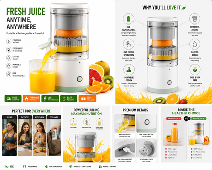 Portable Electric Juicer Blender 🍊⚡ | USB Rechargeable Fresh Juice Maker | Mini Fruit Mixer Bottle