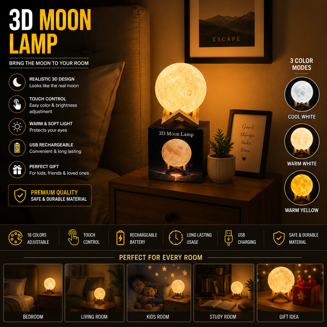 3D Moon Lamp 🌕✨ | Aesthetic Night Light | USB Rechargeable Bedroom Decor Lamp