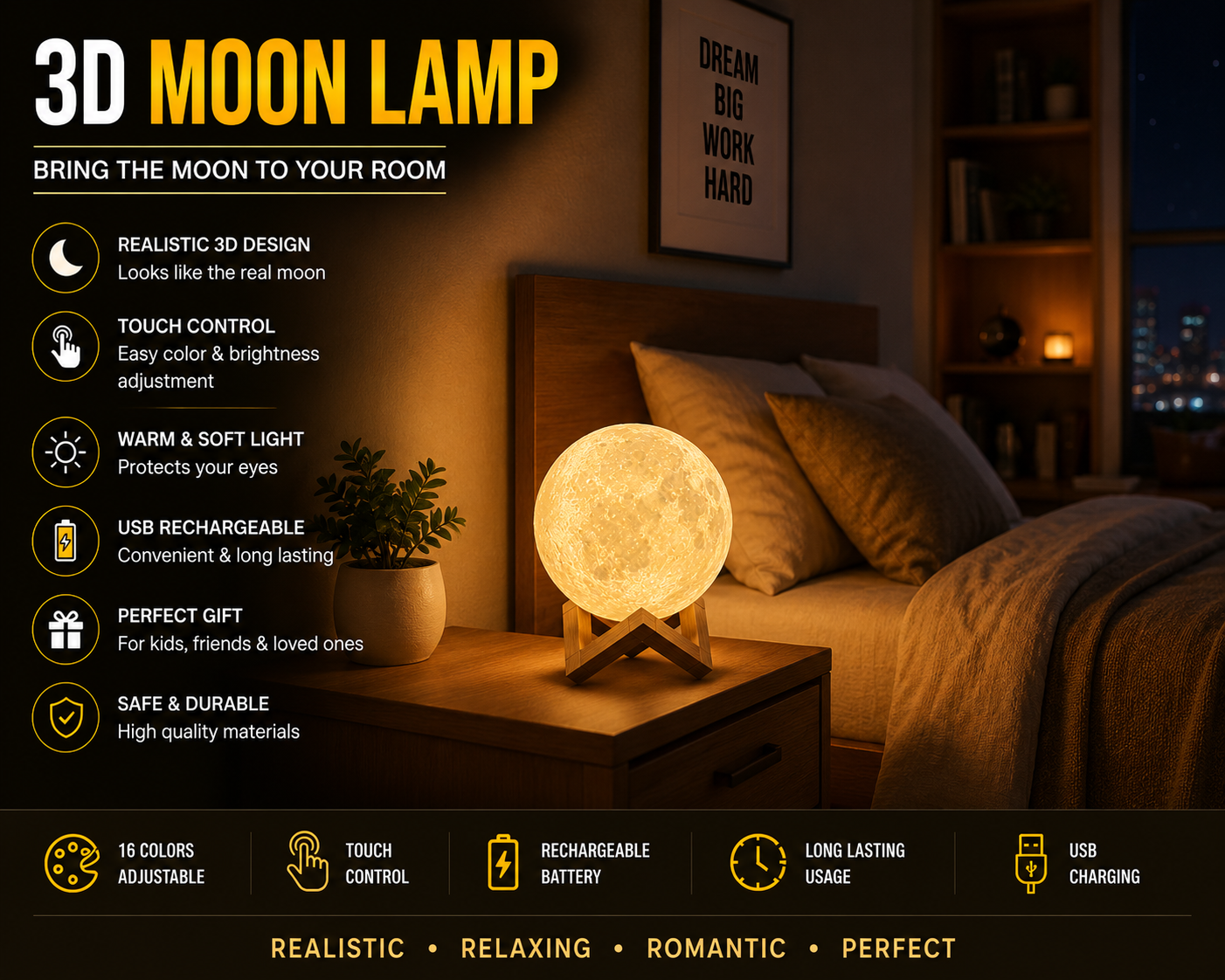 3D Moon Lamp 🌕✨ | Aesthetic Night Light | USB Rechargeable Bedroom Decor Lamp