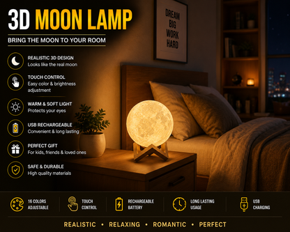 3D Moon Lamp 🌕✨ | Aesthetic Night Light | USB Rechargeable Bedroom Decor Lamp