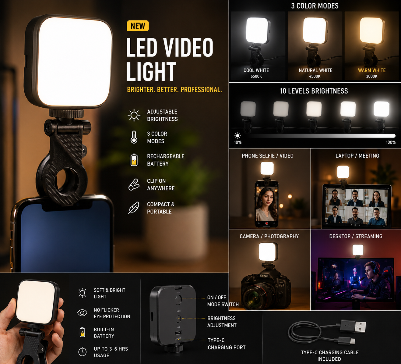 💡✨ Portable LED Video Light Clip | Mobile, Laptop & Camera Light