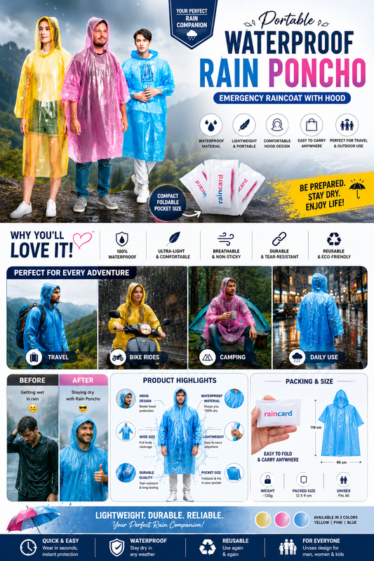 Portable Waterproof Rain Poncho – Emergency Raincoat with Hood ☔🌧️