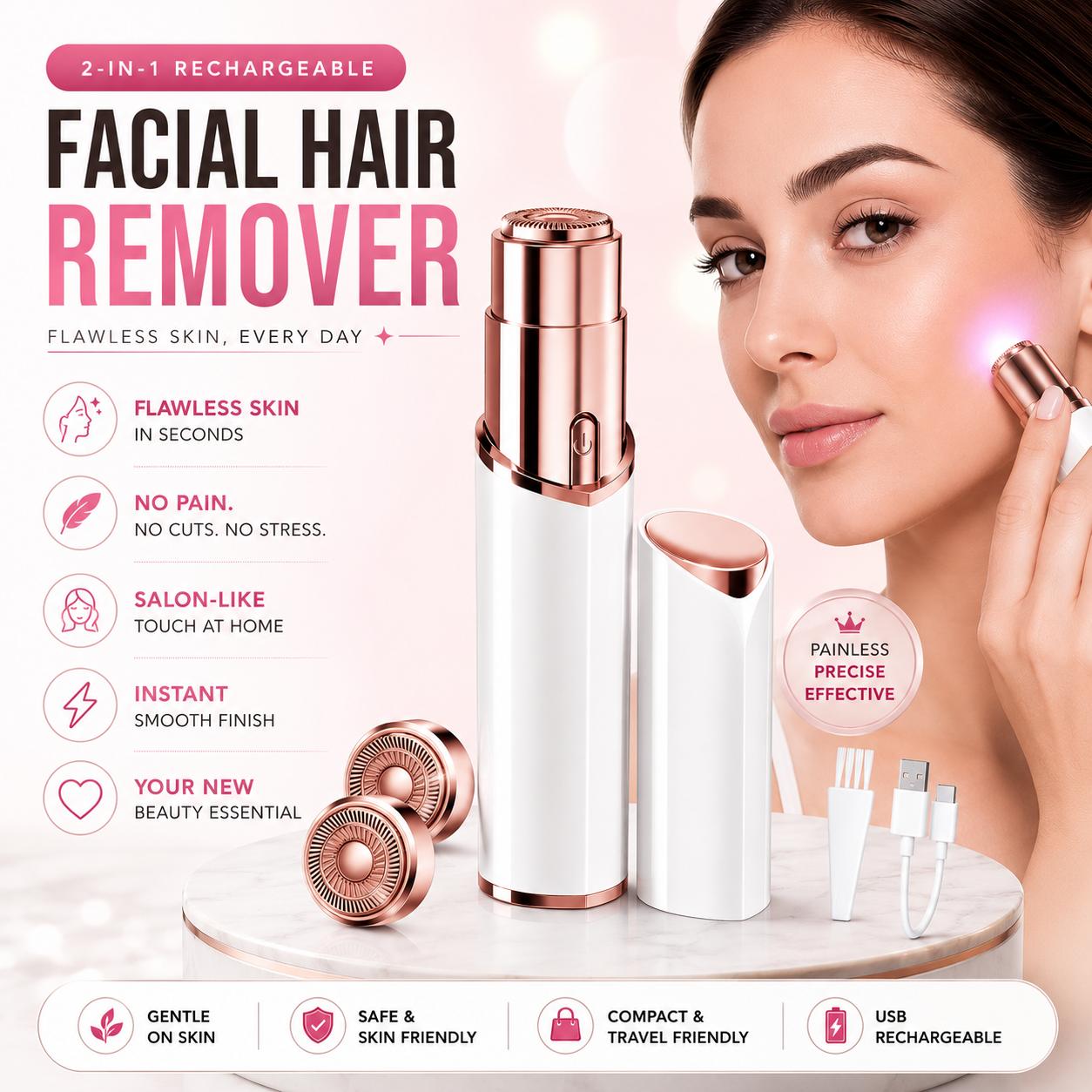2-In-1 Rechargeable Facial Hair Remover – Painless Precision Beauty Trimmer ✨💖