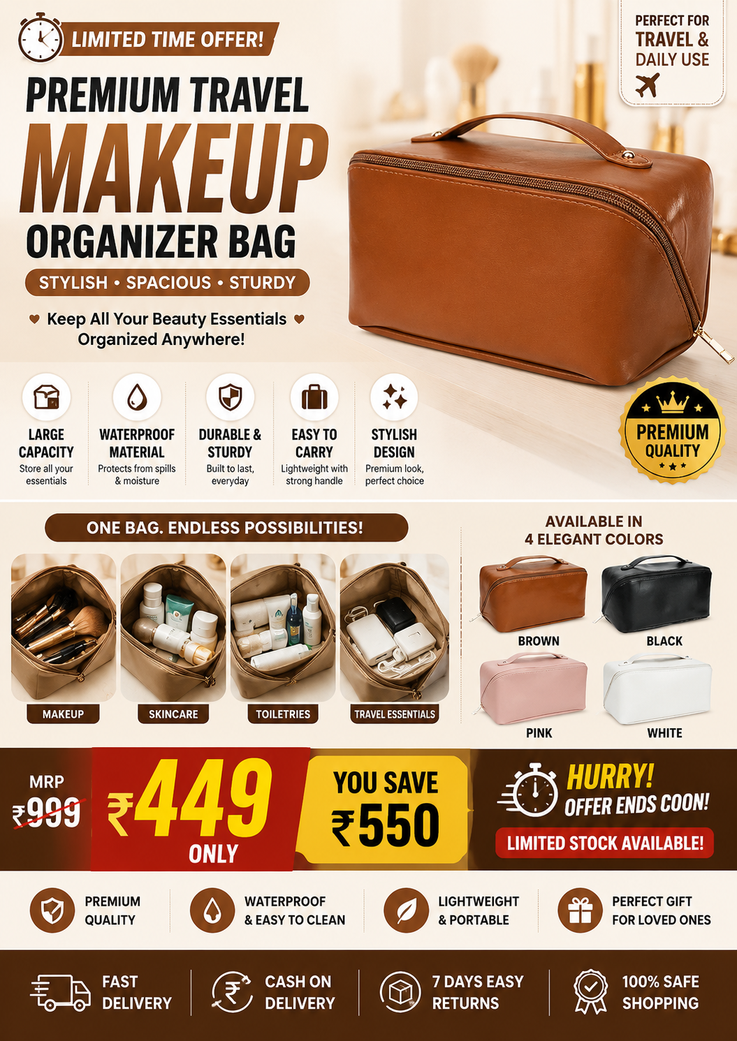 ✨ Premium Travel Makeup Organizer Bag – Stylish Waterproof Cosmetic Storage Pouch 👜