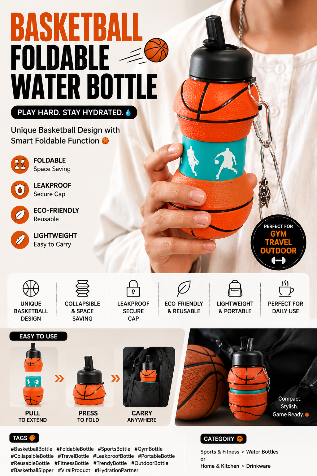 Portable Basketball Water Bottle 🏀💧 | Portable Leakproof Sports Gym Bottle | Collapsible Travel Sipper
