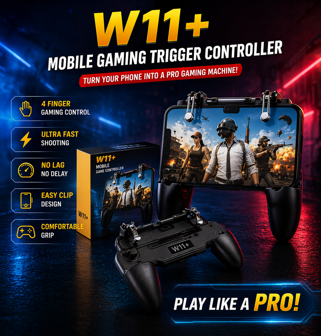 W11+ PUBG Mobile Trigger Game Controller | 4 Finger Grip | Mobile Gaming Handle with L1 R1 Shoot Buttons