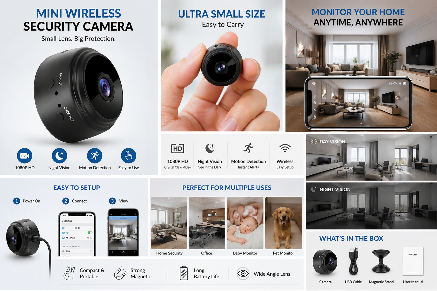 Mini Wireless Security Camera 📷 | 1080P HD Hidden Cam | Night Vision | Motion Detection