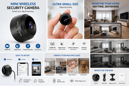 Mini Wireless Security Camera 📷 | 1080P HD Hidden Cam | Night Vision | Motion Detection