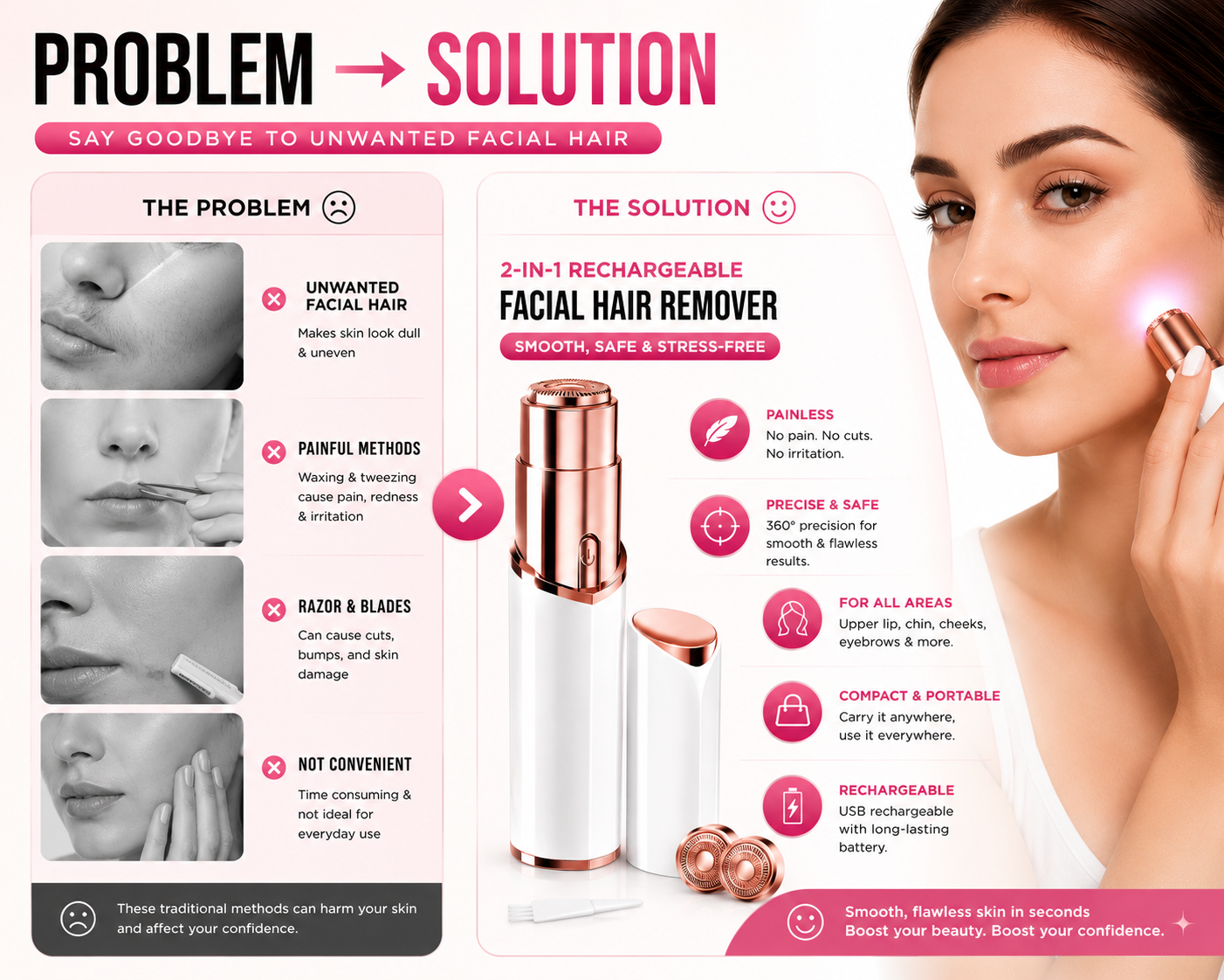 2-In-1 Rechargeable Facial Hair Remover – Painless Precision Beauty Trimmer ✨💖