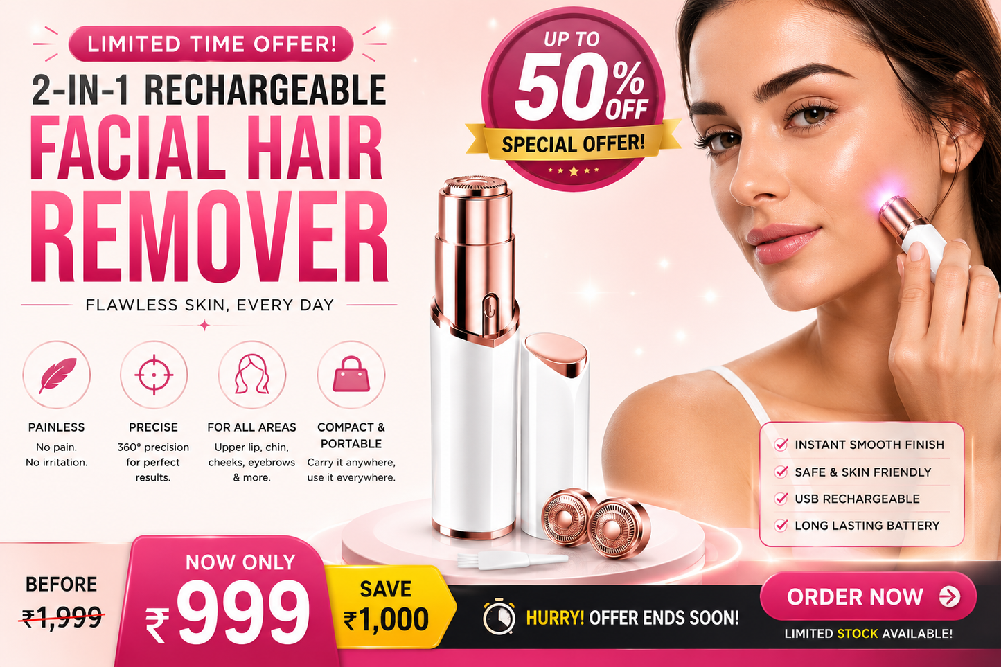 2-In-1 Rechargeable Facial Hair Remover – Painless Precision Beauty Trimmer ✨💖