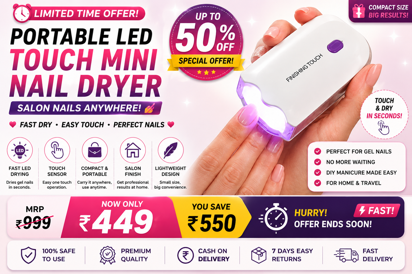 ✨ Portable LED Touch Mini Nail Dryer – Salon Nails Anywhere 💅