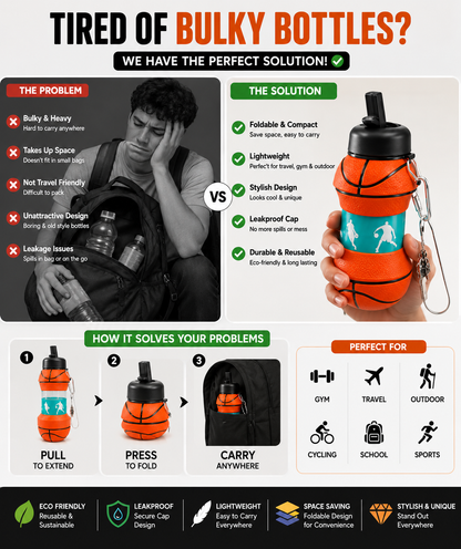 Portable Basketball Water Bottle 🏀💧 | Portable Leakproof Sports Gym Bottle | Collapsible Travel Sipper