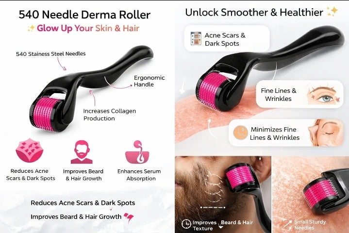 ✨ 540 Needle Derma Roller – Skin Glow & Hair Growth Tool 💆‍♂️Titanium needles use⬆️🧑