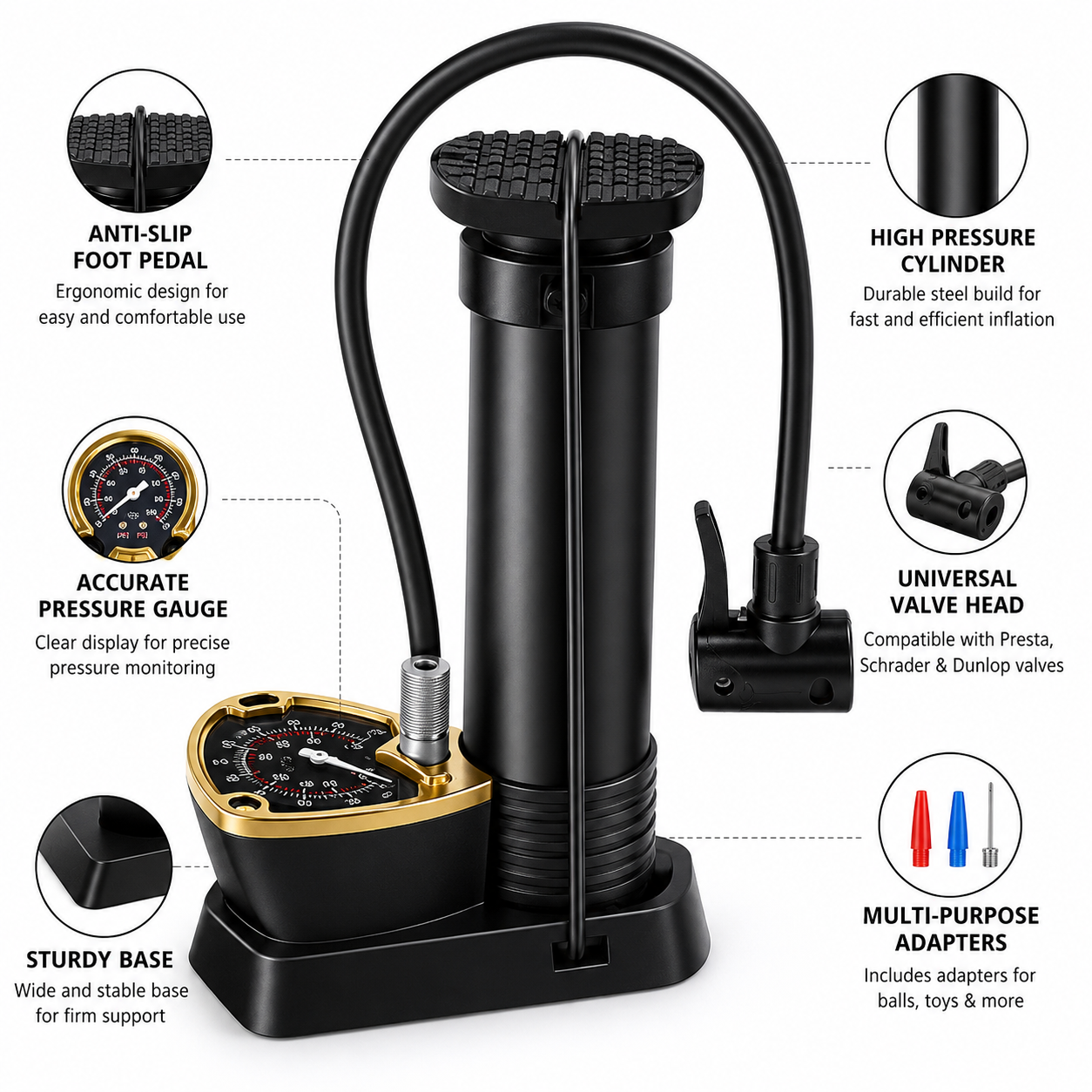 Portable High Pressure Foot Air Pump 🚴‍♂️💨 | Multi-Purpose Tyre Inflator with Pressure Gauge